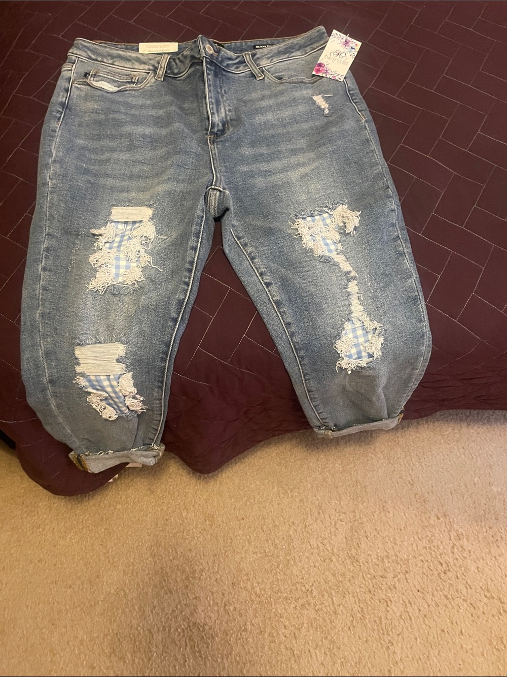 Judy Blue Faded Light Blue Distressed Cropped Jeans with Gingham Patches